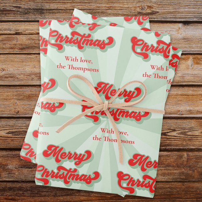 Merry Christmas Red Green Whimsical Retro Custom  Wrapping Paper Sheet (Bold retro styles typography red Merry Christmas Wrapping Paper)