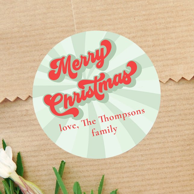 Merry Christmas Red Green Whimsical Typography Classic Round Sticker (Merry Christmas cute typography festive red and green sticker.)