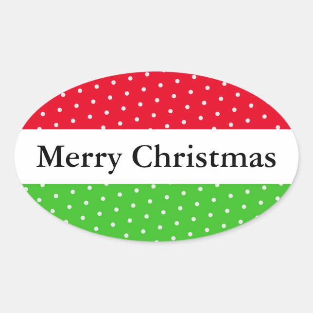 MERRY CHRISTMAS Red Green White Dots Stripes Oval Sticker (Front)