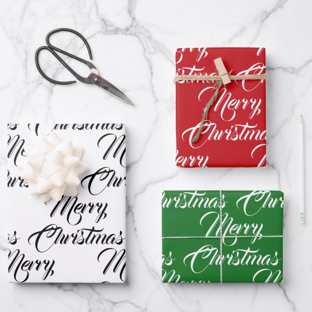 Merry Christmas red green white elegant script  Wrapping Paper Sheet (Front)
