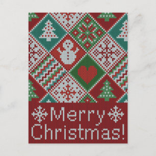 Merry Christmas Red Green White Faux Knit Pattern Postcard