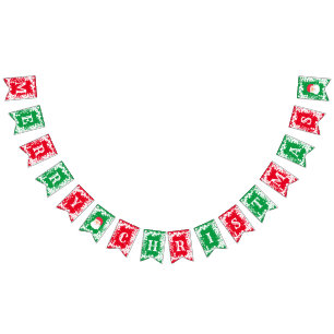 Merry Christmas Red Green White Patterned   Bunting Flags
