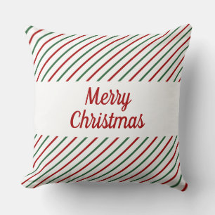 Merry Christmas Red Green White Striped Throw Pillow