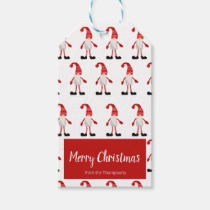Merry Christmas Red Grey Gnome Nordic Pattern Gift Tags