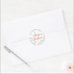 Merry Christmas Red Grey Snowflake Return Address Classic Round Sticker<br><div class="desc">Personalized Merry Christmas circular return address labels/stickers with Merry Christmas in beautiful handwritten red calligraphy with a white background and beautiful green snowflakes. Perfect for your holiday card or invitation envelope. Customize your name/family name and address.</div>