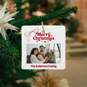 Merry Christmas red hand-drawn bow retro photo Ceramic Ornament