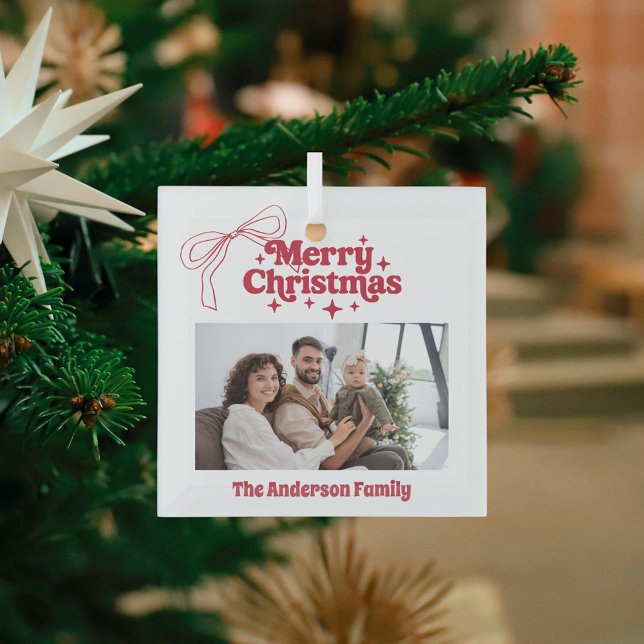 Merry Christmas red hand-drawn bow retro photo Glass Ornament (Creator Uploaded)