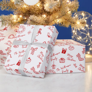 Merry Christmas Red Hand Drawn Doodle Custom Name Wrapping Paper
