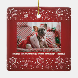 Merry Christmas red Happy New Year + Family Photo Ceramic Ornament