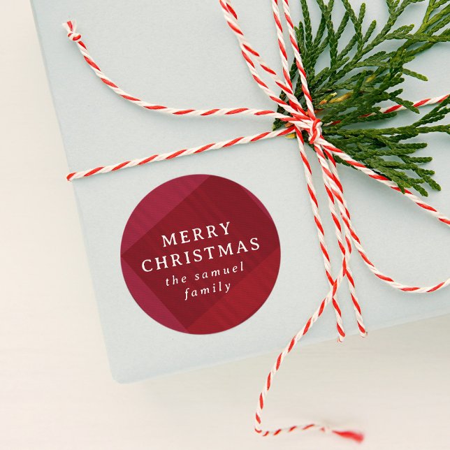 Merry Christmas red holiday plaid personalized Classic Round Sticker (Creator Uploaded)
