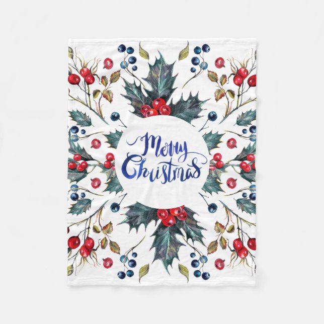 Merry Christmas- red holly berries Fleece Blanket (Front)