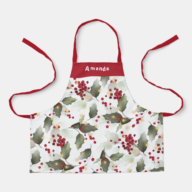 Merry Christmas Red Holly Berries Gold Lights  Apron (Front)