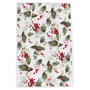 Merry Christmas Red Holly Berries Gold Lights  Medium Gift Bag