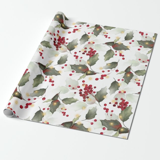 Merry Christmas Red Holly Berries Gold Lights  Wrapping Paper (Unrolled)