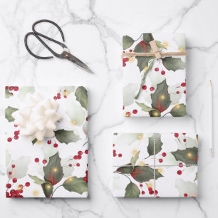 Merry Christmas Red Holly Berries Gold Lights  Wrapping Paper Sheet