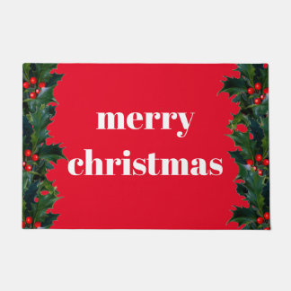 Merry Christmas Red Holly Border Welcome Mat