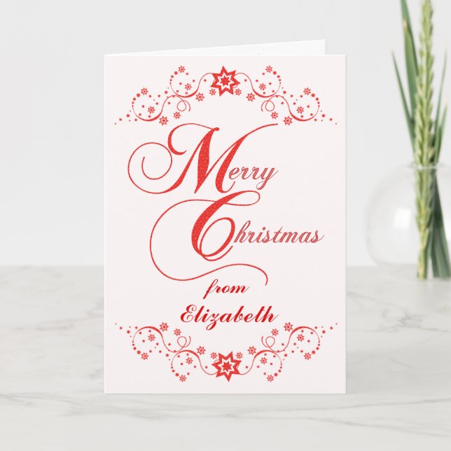 Merry Christmas Red Lace Stars Custom Name Holiday Card (Front)