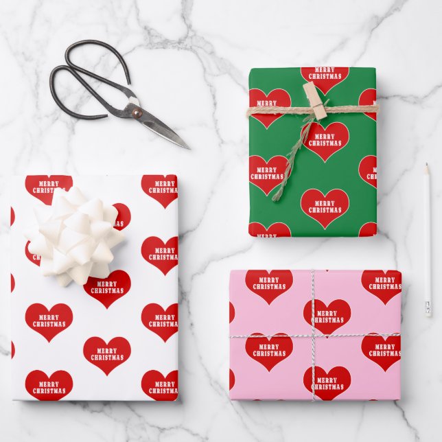 MERRY CHRISTMAS Red Love Heart Wrapping Paper Sheet (Front)