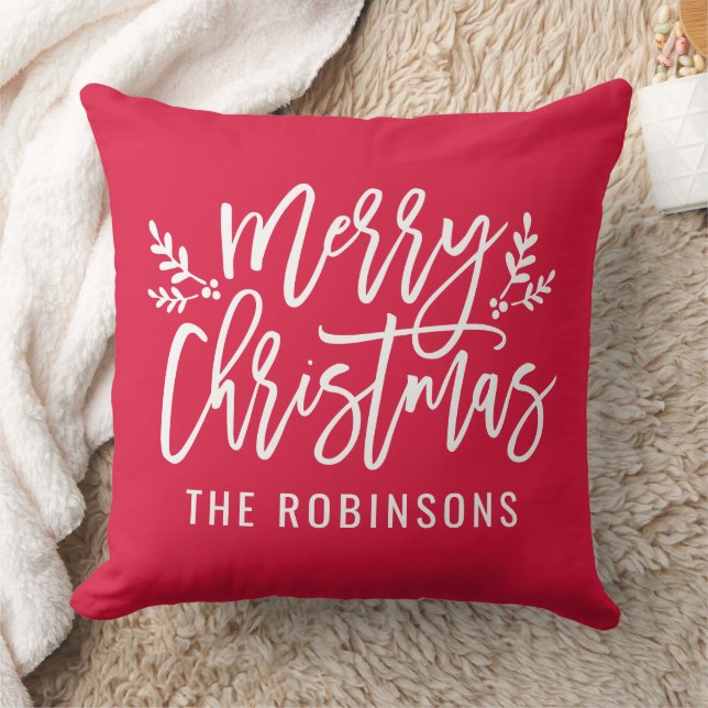 Merry Christmas Red Modern Custom Family Throw Pillow (Blanket)