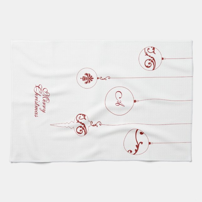 Merry Christmas Red Monogram Bauble Ornaments Kitchen Towel (Horizontal)
