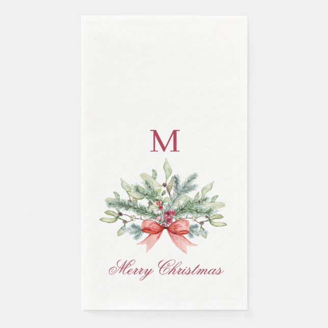 Merry Christmas Red Monogram Greenery Napkin (Front)