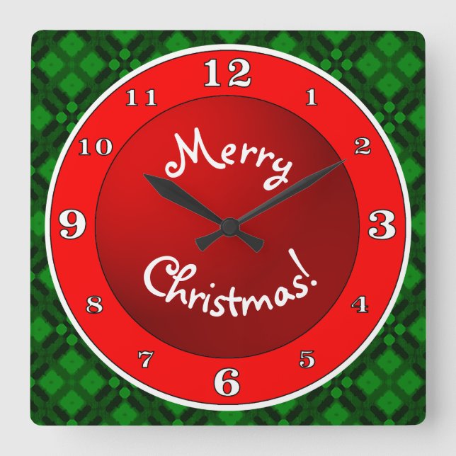 Merry Christmas Red n Green Plaid Square Wall Clock (Front)