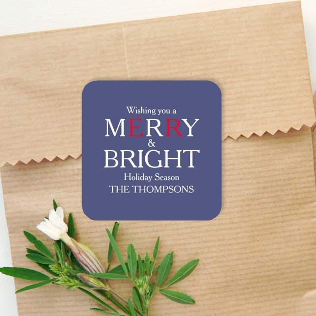 Merry Christmas Red Navy Blue Simple Minimalist  Square Sticker (Whimsical simple Merry and Bright custom holiday sticker.)