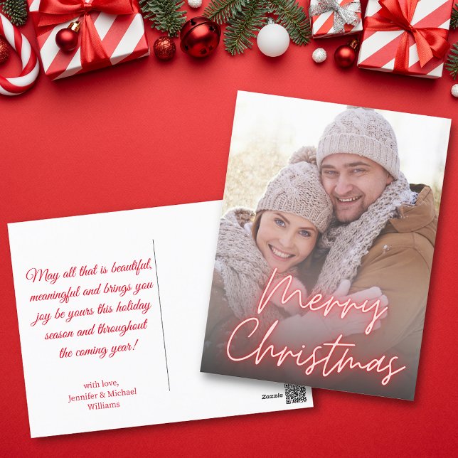 merry christmas red neon handwriting photo holiday postcard (Creator Uploaded)