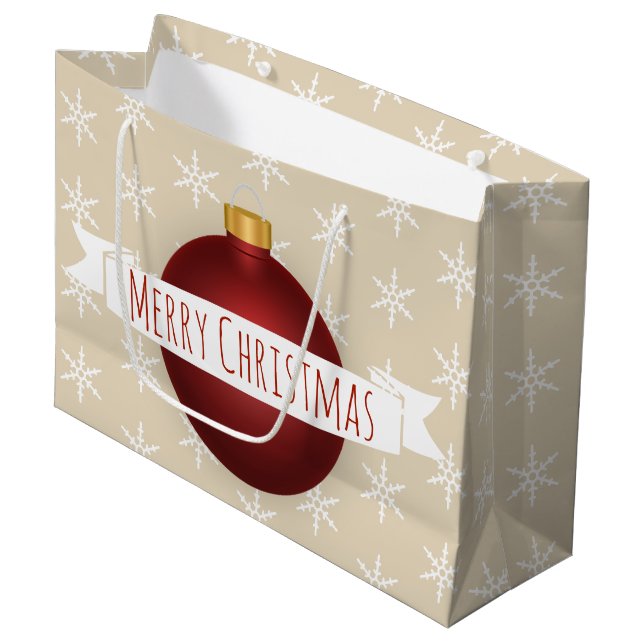 Merry Christmas Red Ornament Ribbon & Snowflakes Large Gift Bag (Front Angled)