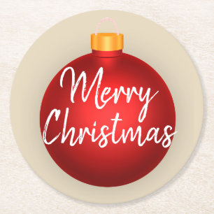Merry Christmas Red Ornament & Taupe Round Paper Coaster