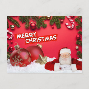 Merry Christmas Red Ornaments, Santa, Candy Cane Holiday Postcard