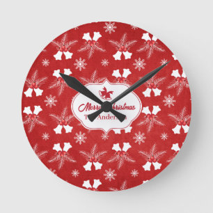 Merry Christmas Red Pattern Christmas Bell Round Clock