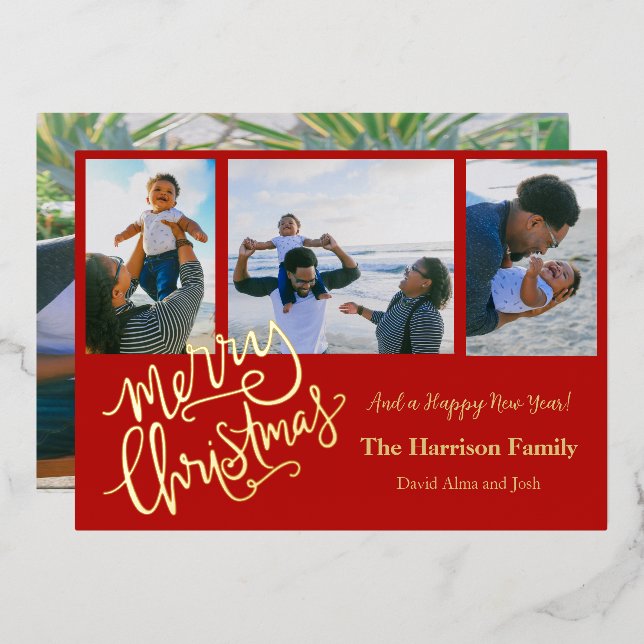 Merry Christmas Red Personalized Photo Gold Foil Holiday Card (Front/Back)