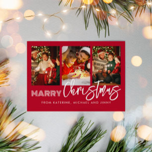 Merry Christmas Red Photo Collage Family Card