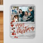 Merry Christmas red photo collage rustic  Magnet<br><div class="desc">Rustic stylish Merry Christmas handwritten calligraphy script 3 family photos barn wood holiday festive keepsake magnet with your custom personalized text featuring a crimson red holy berries branch.</div>