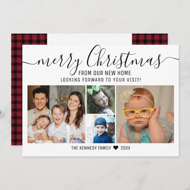 Merry Christmas Red Plaid 4 Photo Holiday Moving  Announcement (Front/Back)