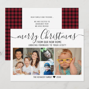 Merry Christmas Red Plaid 4 Photo Holiday Moving Announcement