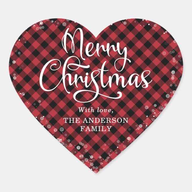 Merry Christmas Red Plaid Calligraphy Snow Heart Sticker (Front)