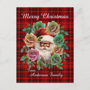 Merry Christmas Red Plaid Floral Santa Claus Postcard