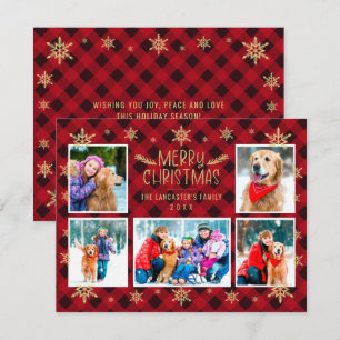 Merry Christmas Red Plaid Gold Snowflakes 5 Photo Holiday Card