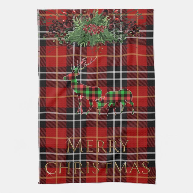 Merry Christmas Red Plaid Kitchen Towels (Vertical)