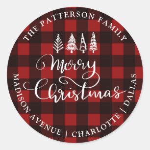 Merry Christmas Red Plaid Pattern Return Address   Classic Round Sticker