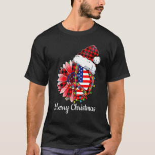 Merry Christmas Red Plaid Peace Sign Lights Usa Fl T-Shirt