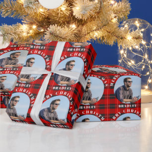 Merry Christmas Red Plaid Personalized Photo Name Wrapping Paper