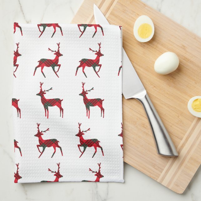 Merry Christmas Red Plaid Tartan Reindeer Pattern Kitchen Towel (Quarter Fold)