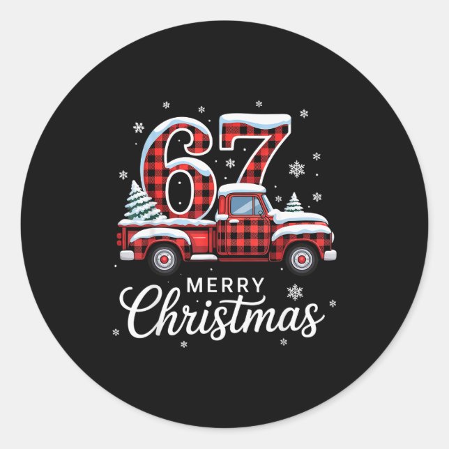 Merry Christmas Red Plaid Truck Buffalo Family 67  Classic Round Sticker (Front)