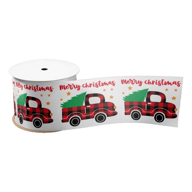 Merry Christmas Red Plaid Truck Modern Holidays Satin Ribbon (Spool)