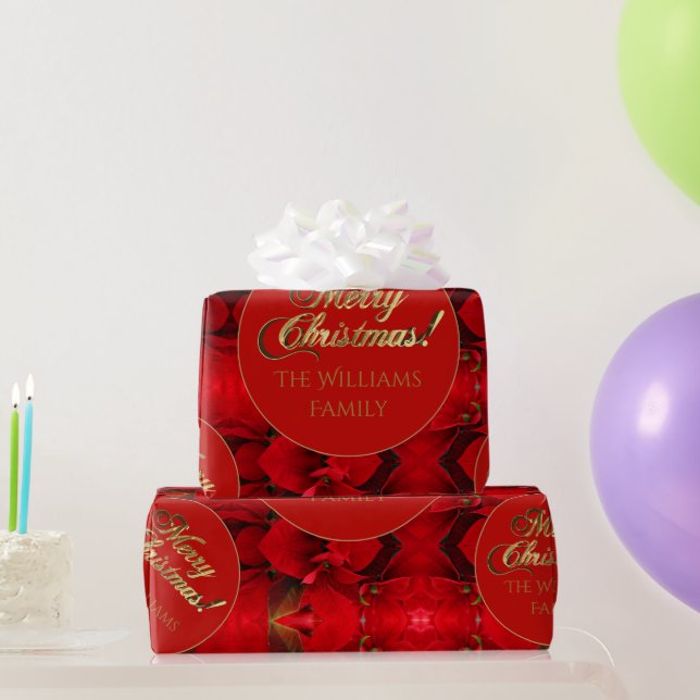 Merry Christmas Red Poinsettia Elegant Gold Script Wrapping Paper (Party Gifts)