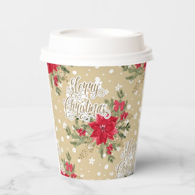 Merry Christmas Red Poinsettia Paper Cups (Front)