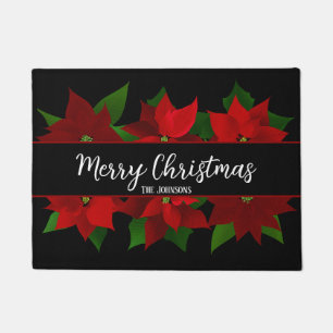 Merry Christmas Red Poinsettias Doormat
